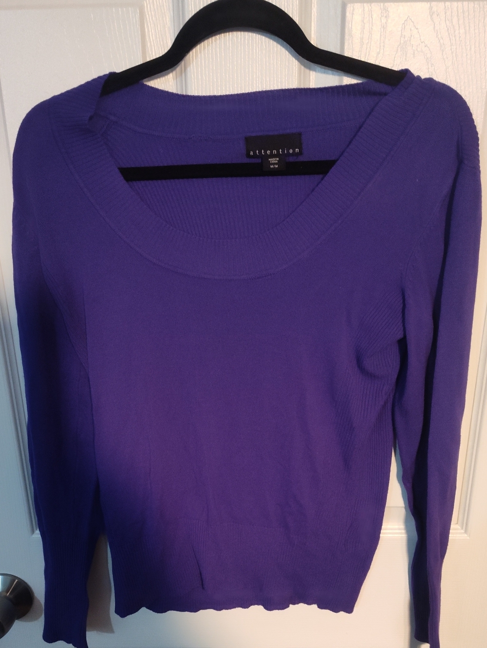 attention Purple Ribbed Scoop-Neck Long Sleeve Sweater